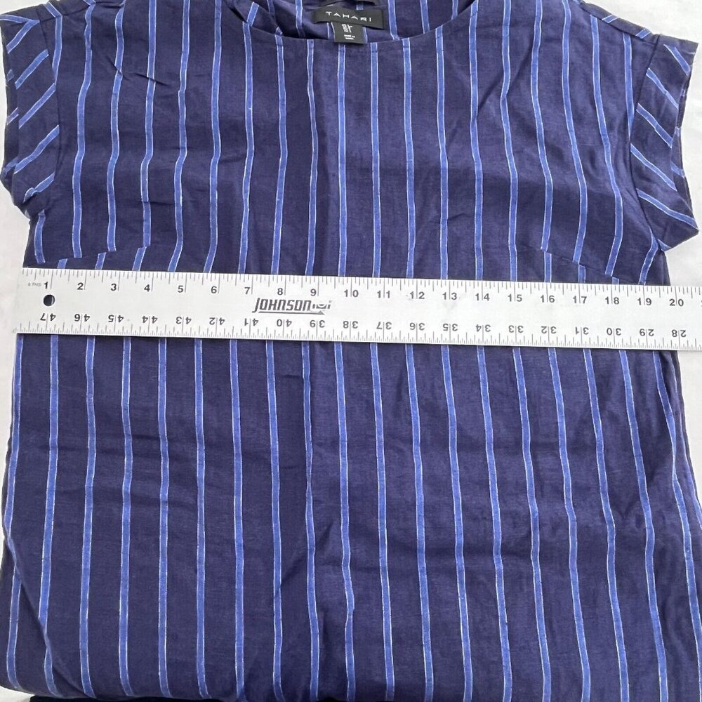 Tahari Womens Small Navy Blue Striped 100% Linen Shift Dress Cap Sleeve Casual - Picture 3 of 6